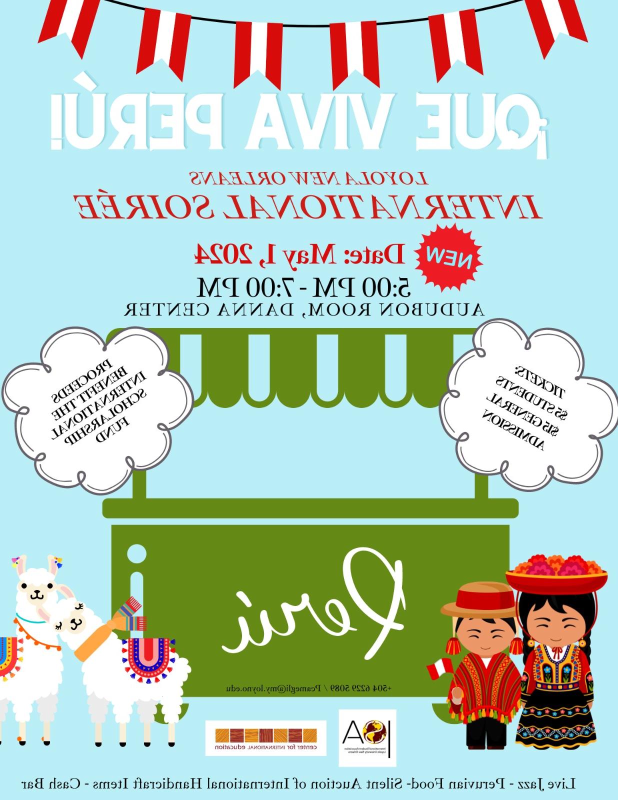 flyer for fair displaying cartoon food stalls, 骆驼, a couple dressed in traditional peruvian clothing. date and time of fair are overlaid on the stall.